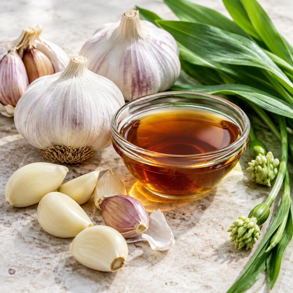Garlic bulbs and amber extract illustrating the ingredient