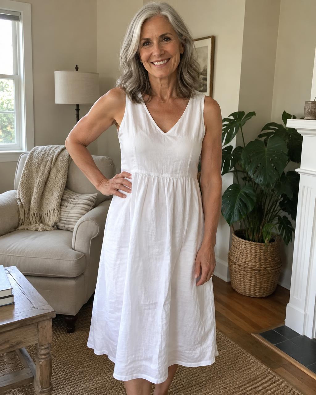 Woman over 50 in a white dress at home