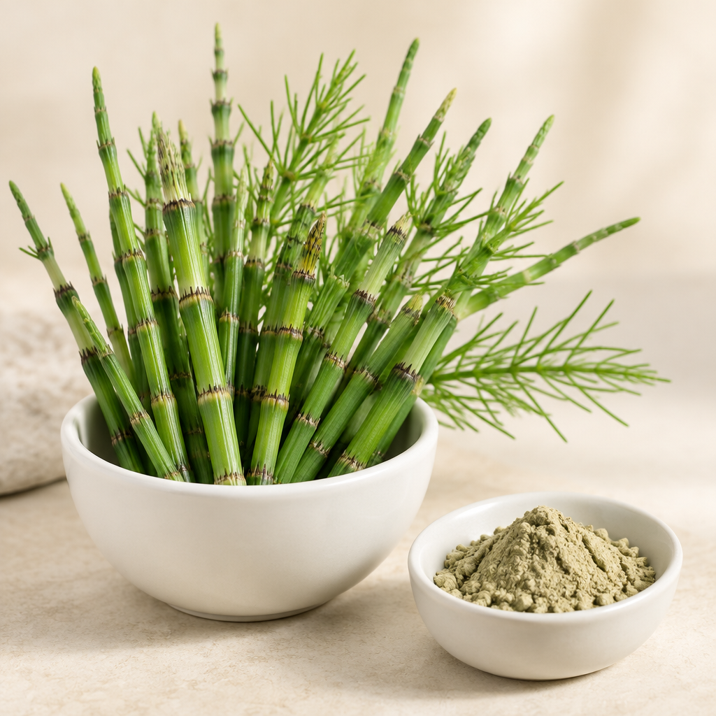 Fresh horsetail stems with horsetail extract powder