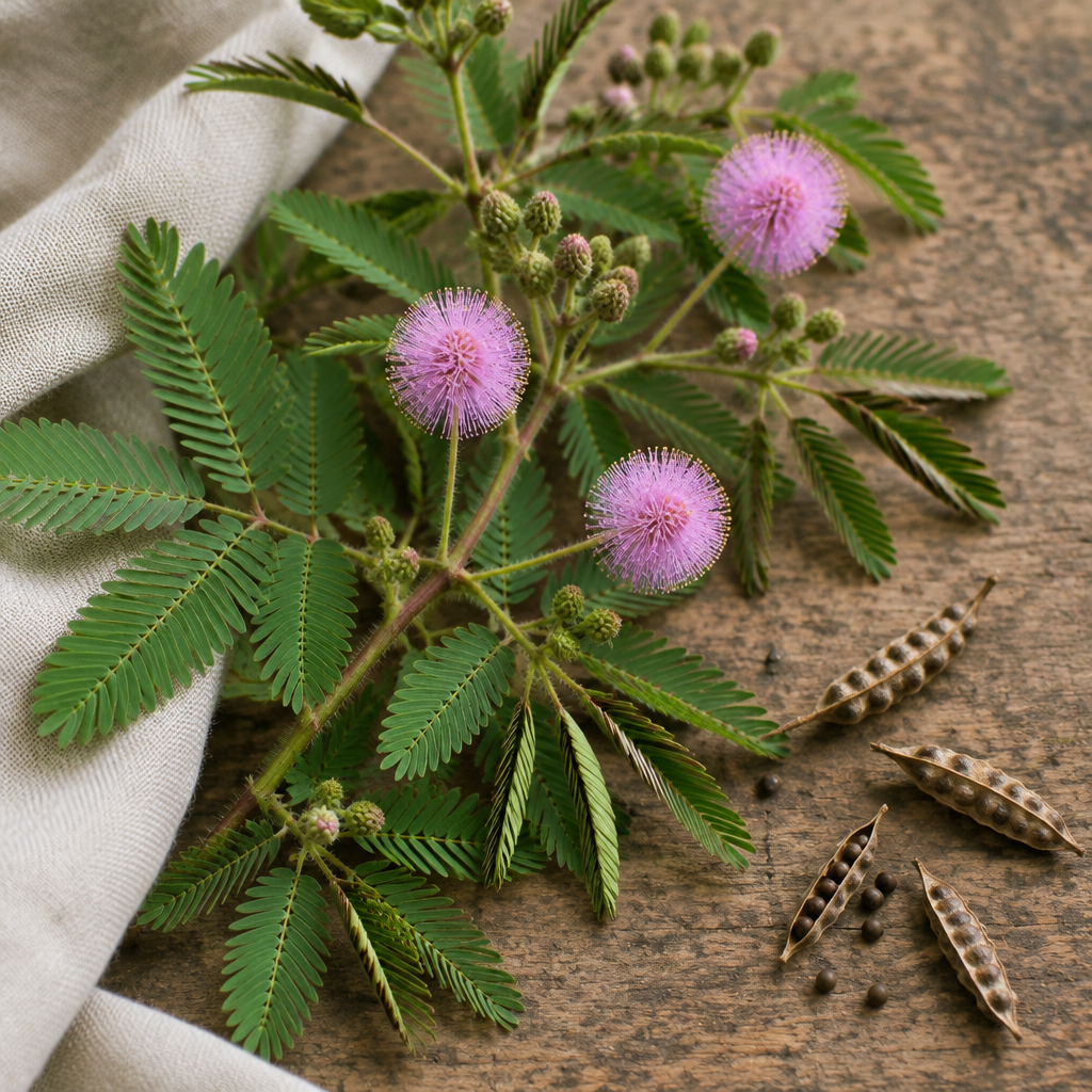 Mimosa pudica leaves and pink flower heads