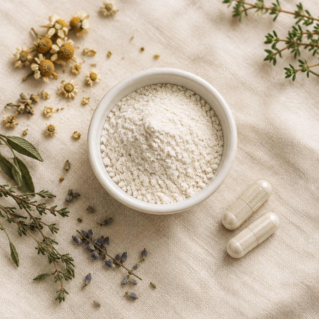 Probiotic powder in a white bowl beside CoraFem capsules