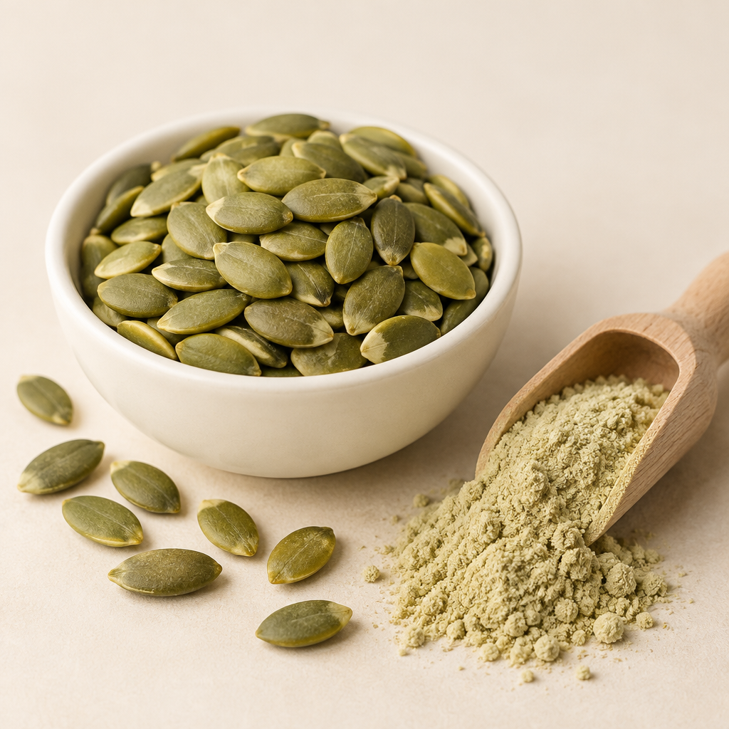 Pumpkin seeds in a white bowl with pumpkin seed extract powder