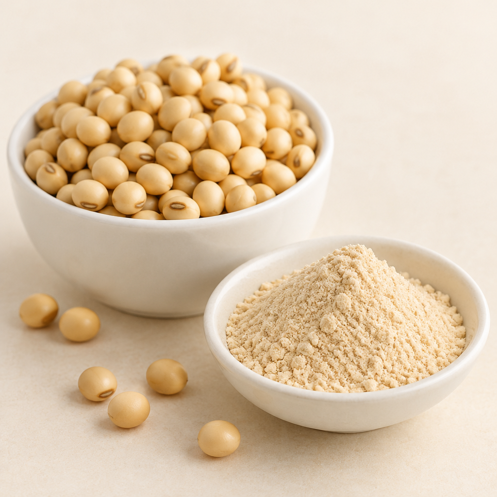 Soybeans in a white bowl with soy germ extract powder