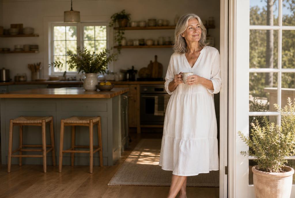 Woman over 50 in a white dress at home