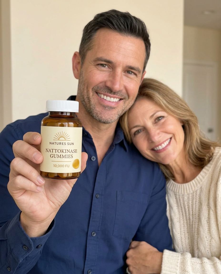Happy couple, man holding a jar of Nattokinase 10,000 FU gummies