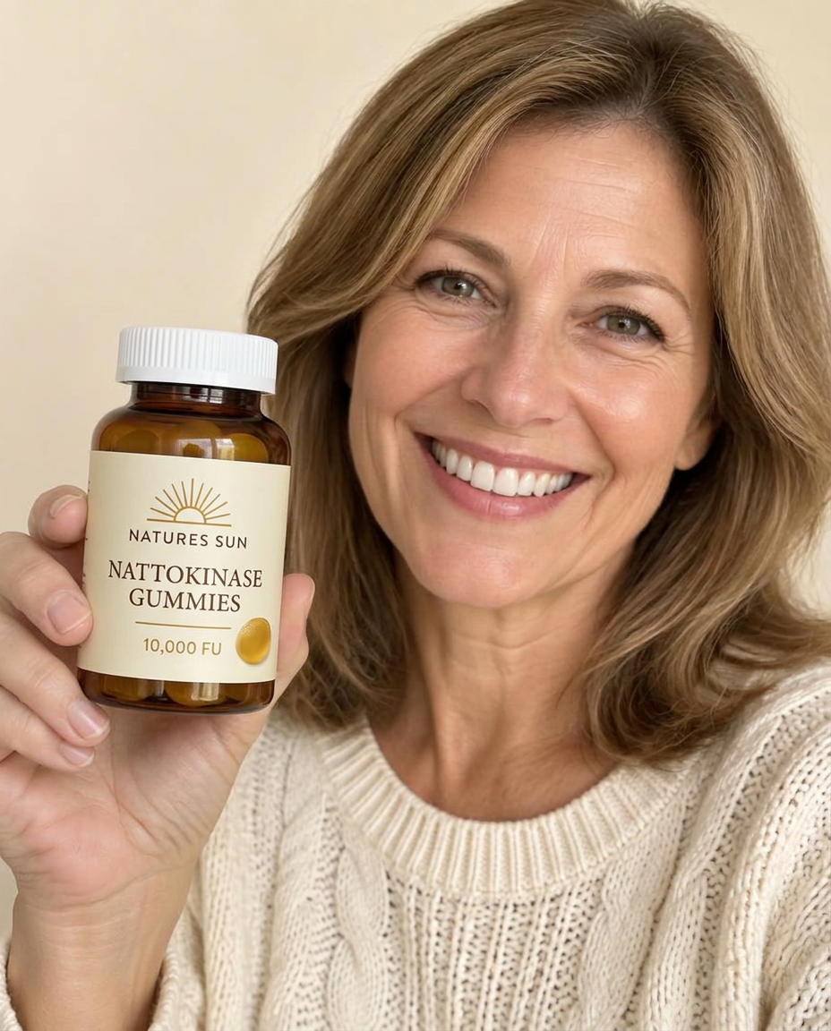 Smiling customer holding a jar of Nattokinase 10,000 FU gummies