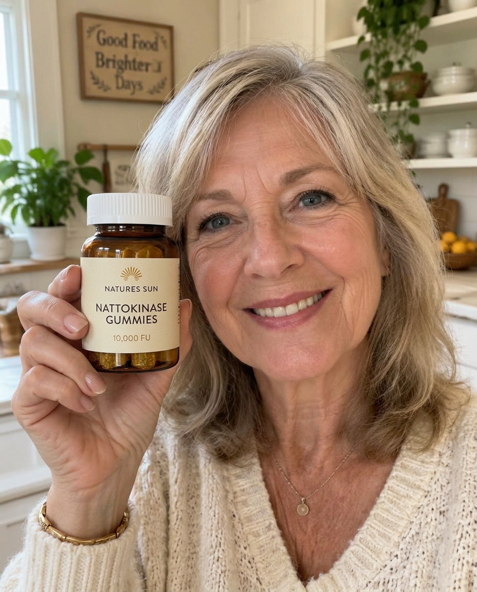 Smiling customer in her kitchen holding a jar of Nattokinase 10,000 FU gummies