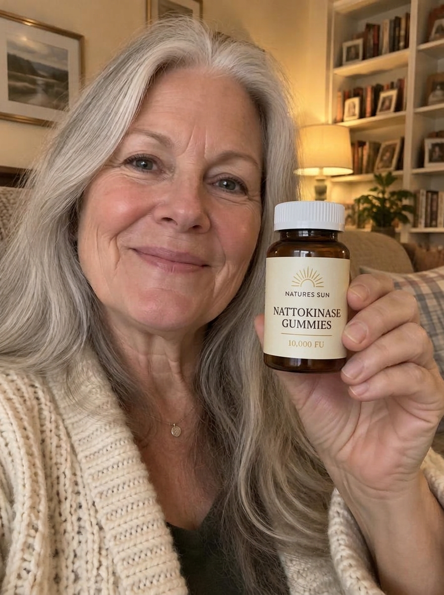Smiling customer holding a jar of Nattokinase gummies