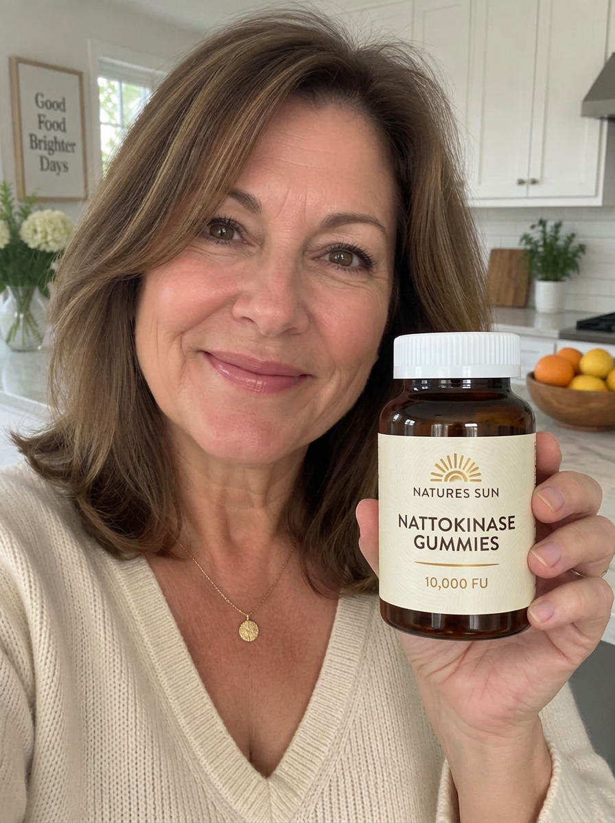Customer in her kitchen holding a jar of Nattokinase gummies