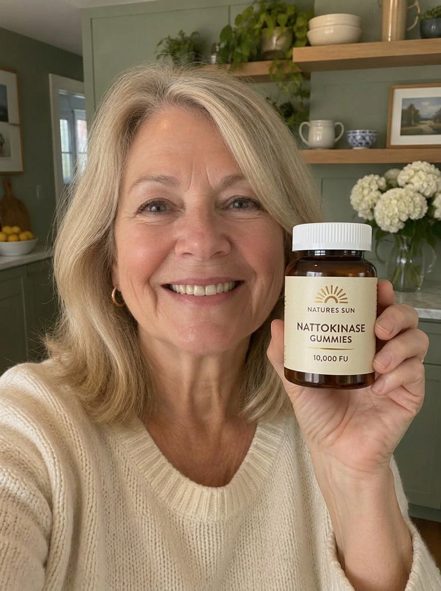 Smiling customer holding a jar of Nattokinase gummies