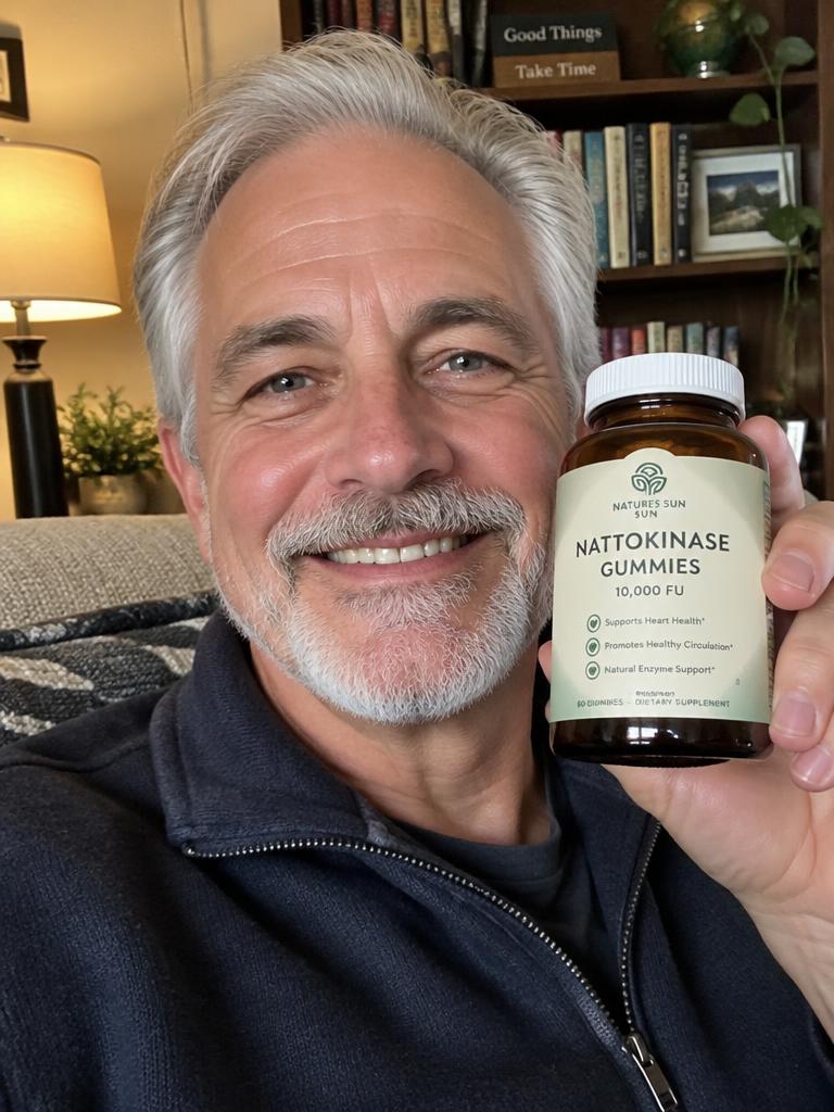 Smiling customer holding a jar of Nattokinase gummies