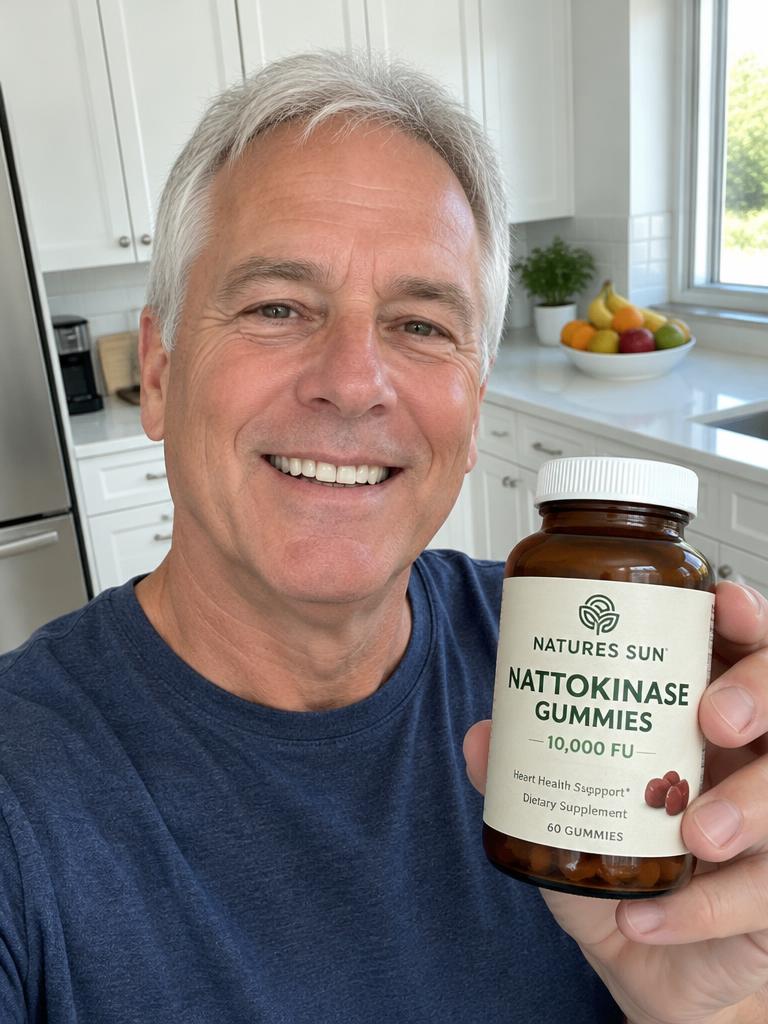 Customer in his kitchen holding a jar of Nattokinase gummies