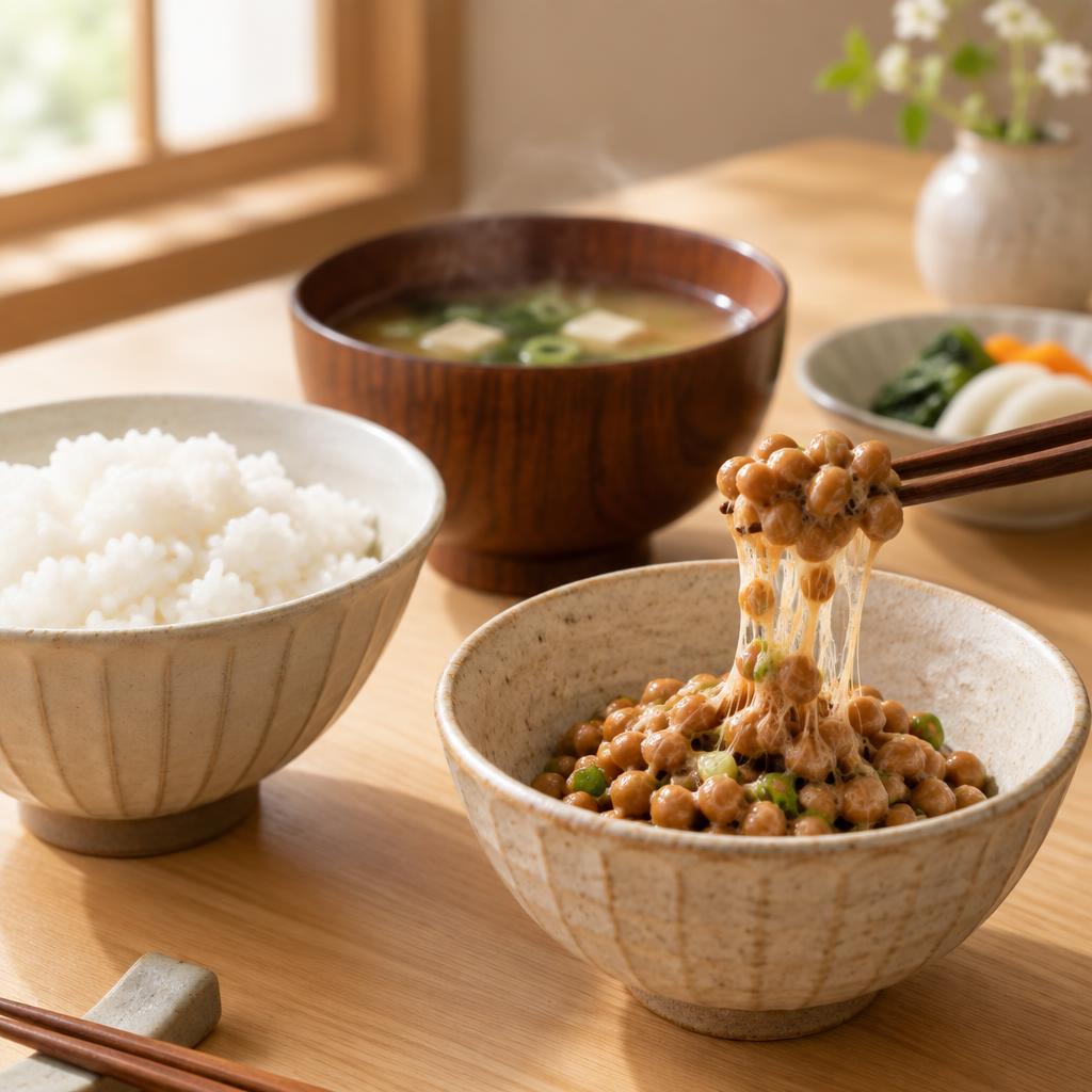 Traditional Japanese breakfast with a bowl of natto, steamed rice and miso soup