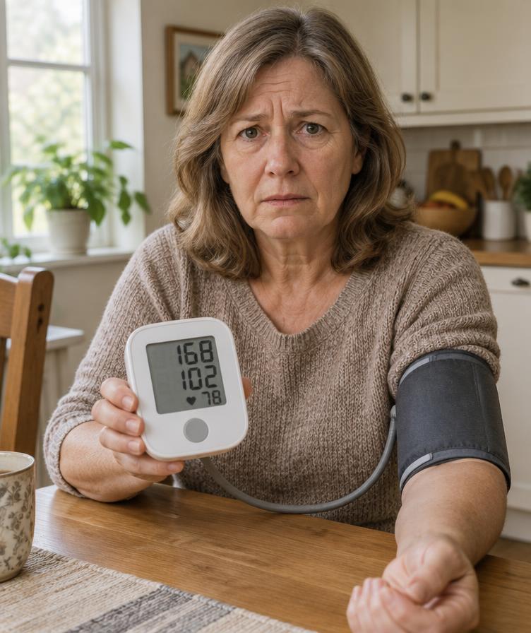 Woman checking her blood pressure at home