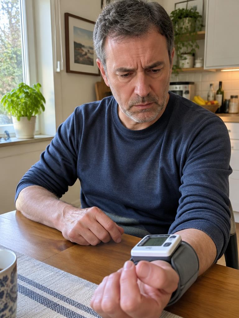 Man at home looking concerned about his health
