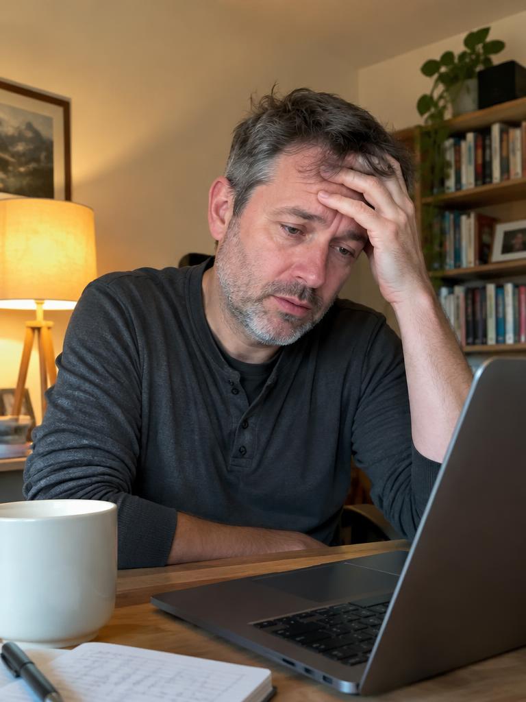 Tired man sitting at a desk with his head in his hand