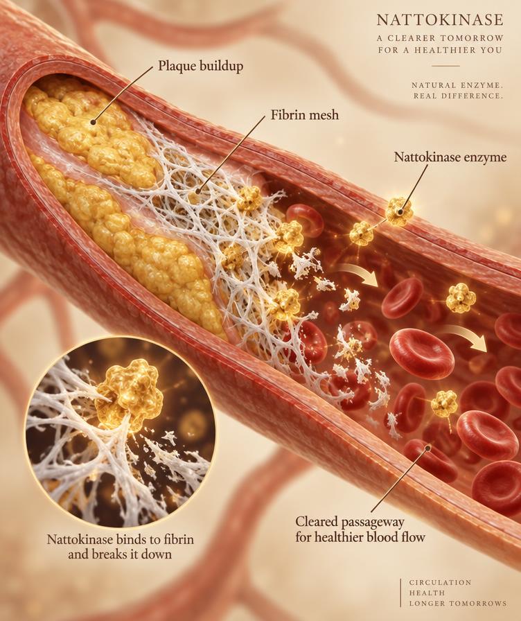 Scientific illustration of nattokinase enzymes binding to fibrin mesh inside a blood vessel and clearing buildup
